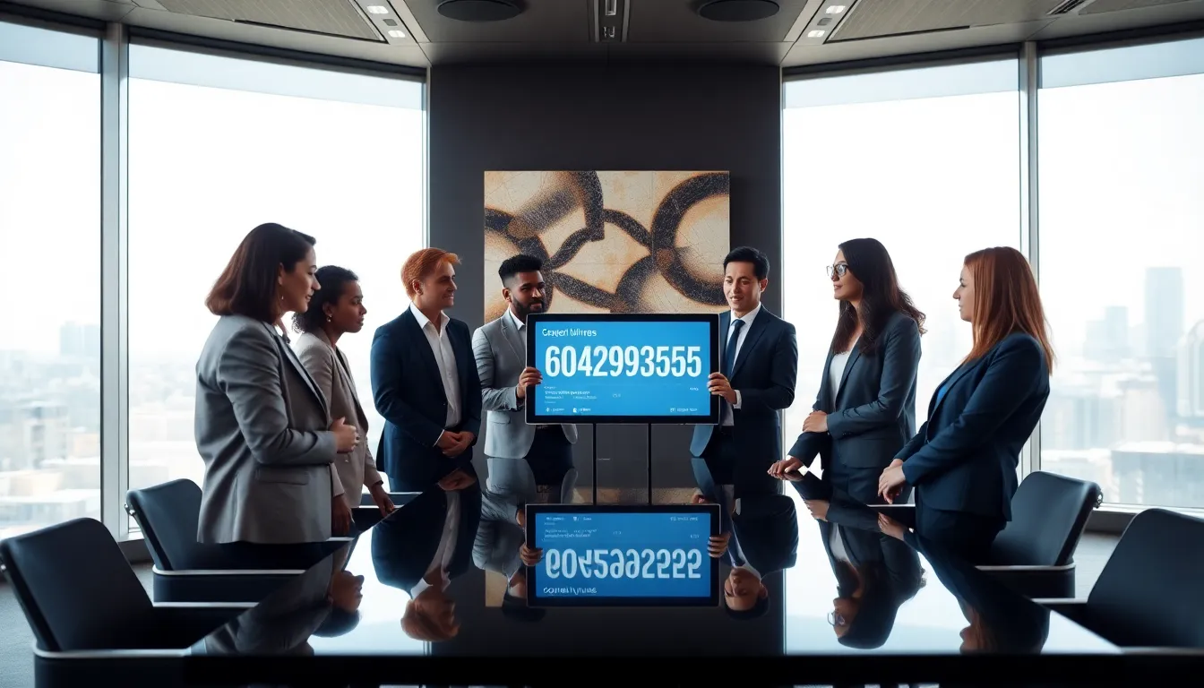 diverse professionals discussing a number in a modern office setting.